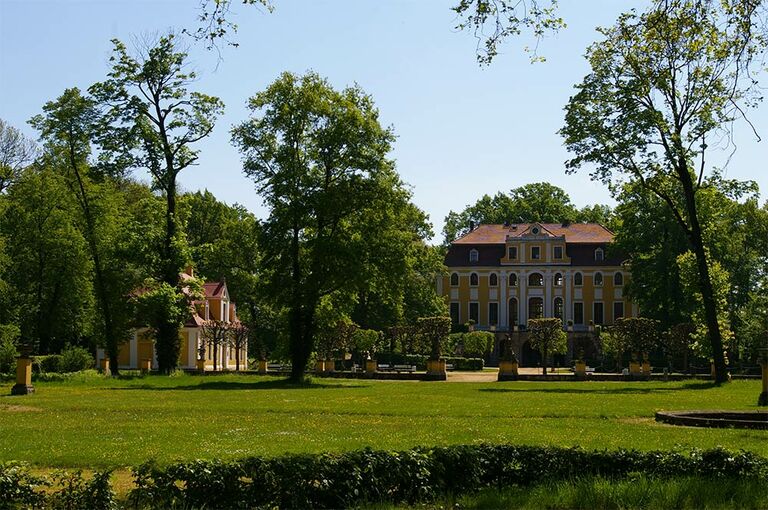 Das Schloss Neschwitz aus der Ferne betrachtet. Das Gebäude ist von Wiese und Bäumen umgeben.