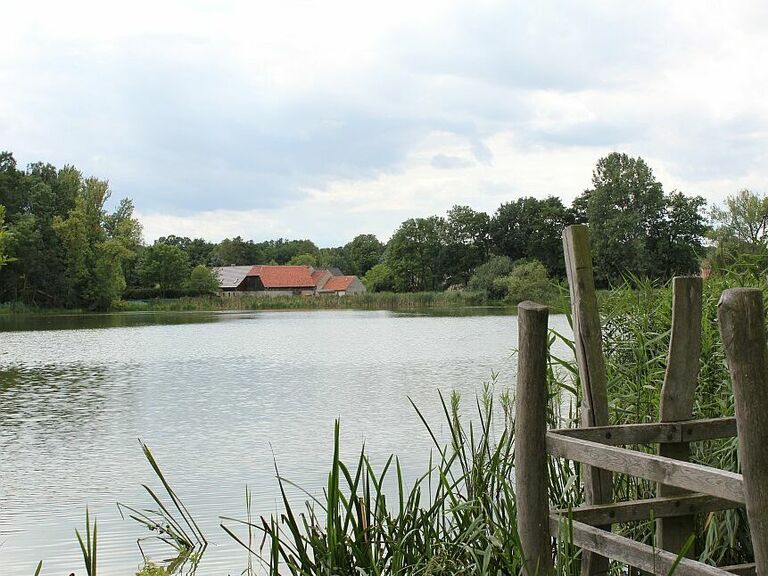 Biosphärendorf Wartha mit Teich von weitem. Im Vordergrund ein Bootssteg und ein See auf dessen Oberfläche sich das Sonnenlicht spiegelt.