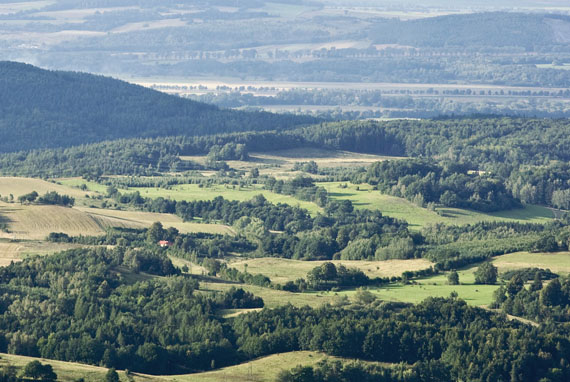 Landschaft mit Feldern und Hügeln, Vogelperspektive 