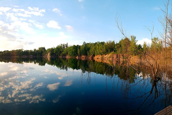 Auf See im Abendlicht spiegelt sich Wald-Landschaft