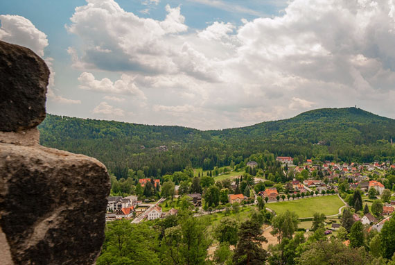 Ausblick auf Hügel mit Bäumen und Häusern 