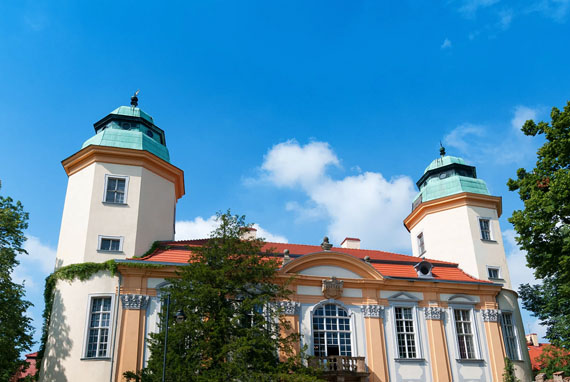 Schloss mit zwei Türmen, umgeben von Bäumen 